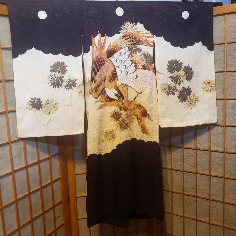 Vintage Japanese Black Gold Eagle Kimono